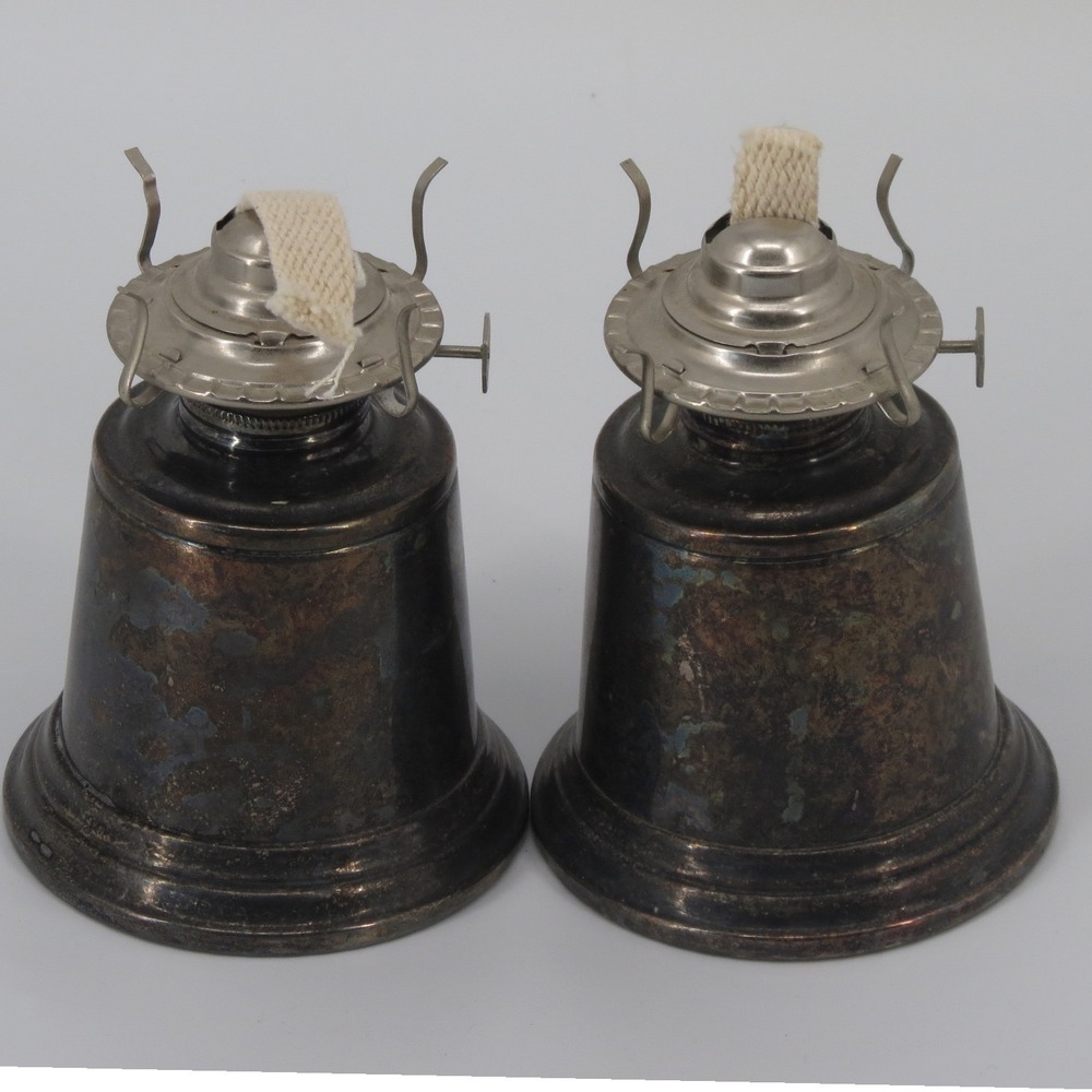 Rogers by Oneida Oil Lamps Silver Plate Bell Base Vintage Pair Farmhouse Decor